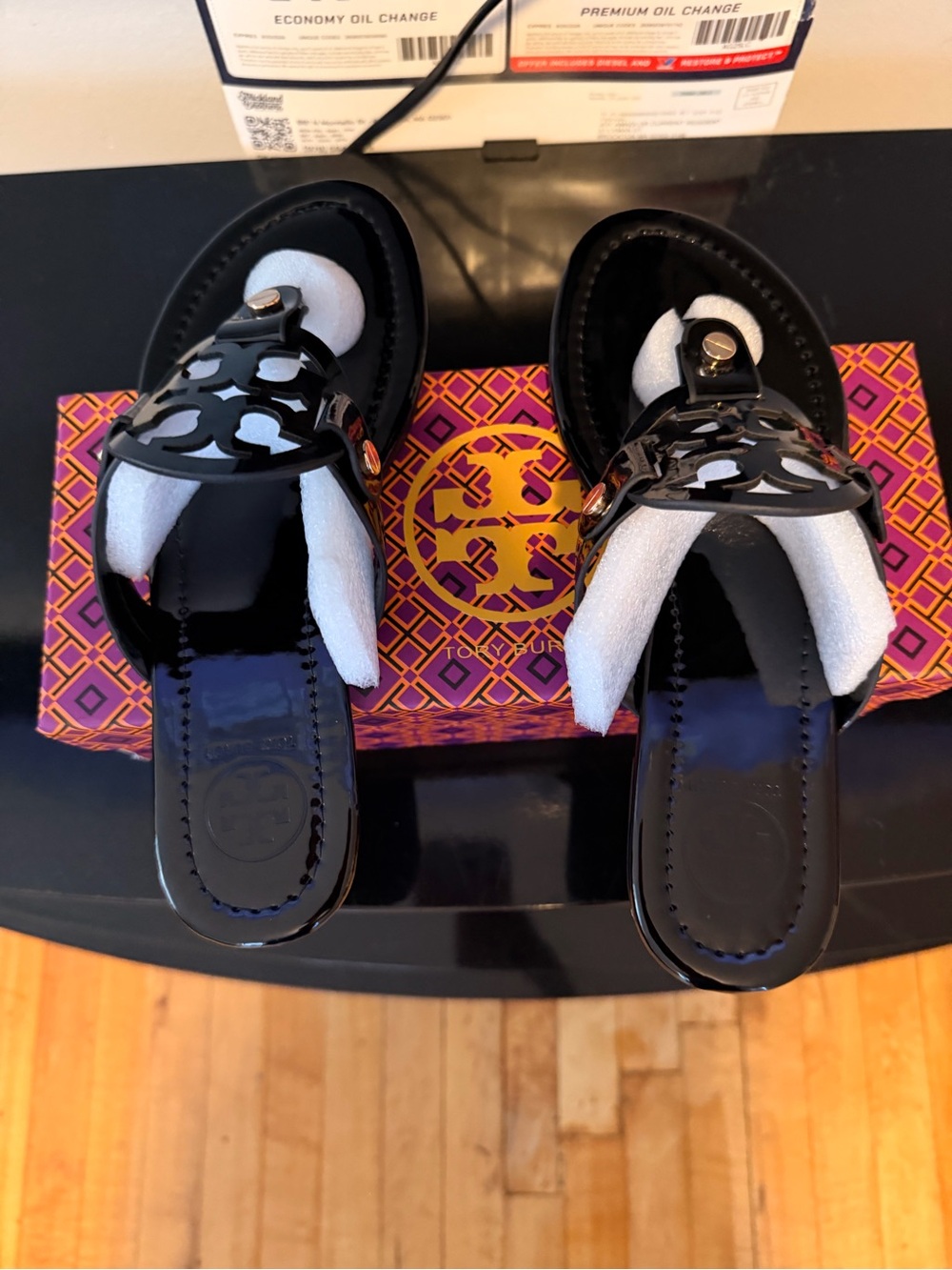 Kids Black Patent Slip-On Sandals with Decorative Cutout